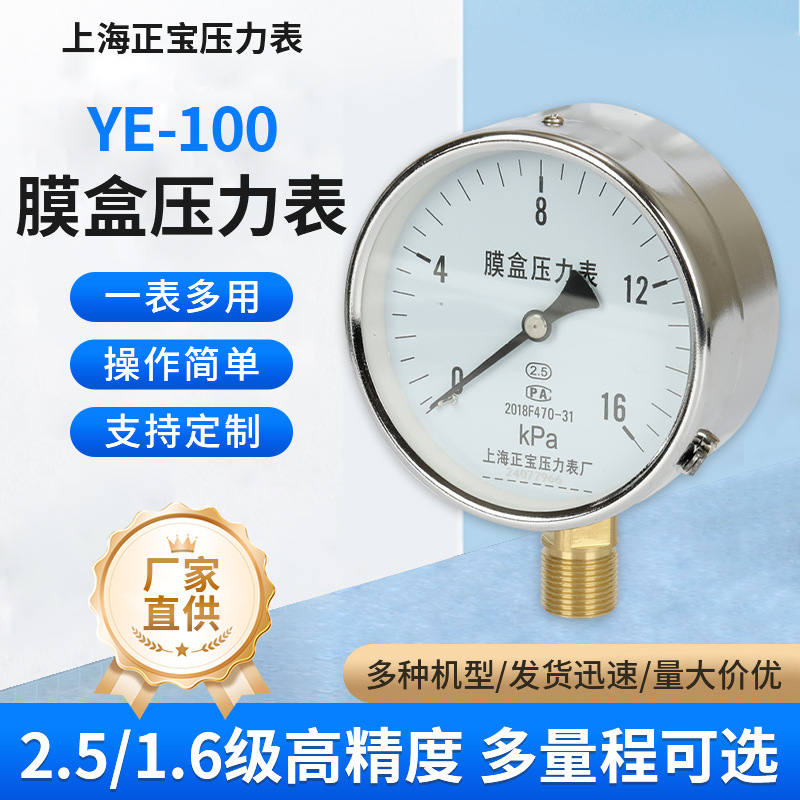 上海正宝YE-100膜盒压力表气压表天然气专用微帕千帕表