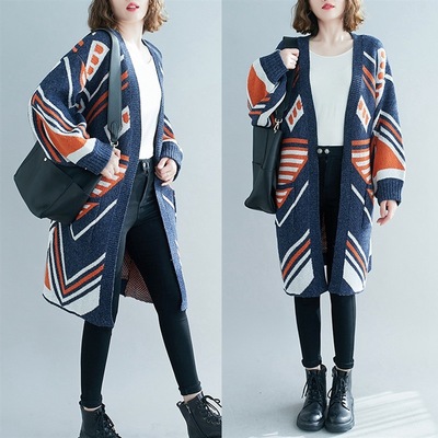 Cardigan sweater coat Autumn and winter fashion Large Easy Show thin temperament Hit color printing Mid length version Sweater