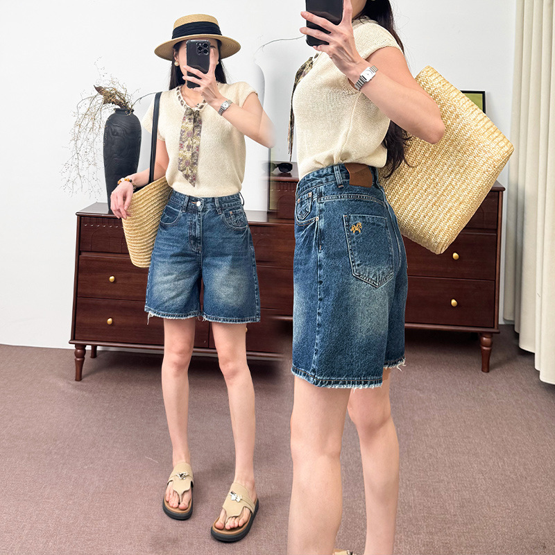 Embroidered Non-Stretch 2026 Summer Distressed Denim Shorts Southeast Asian Style Casual Comfortable High-Waisted Slimming Versatile