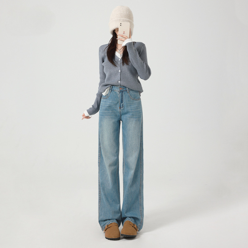 Light Blue High-Waisted Wide-Leg Jeans for Women 2025 Autumn and Winter New Style Loose Straight-Leg Slimming Drapey Spring and Summer Floor-Length Pants
