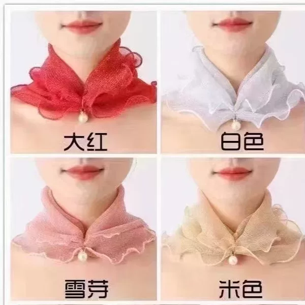 Spring, Summer, and Autumn Korean Style Mesh Pullover Neck Scarf for Women, Thin Fashion Versatile Half-Decorative Silk Scarf