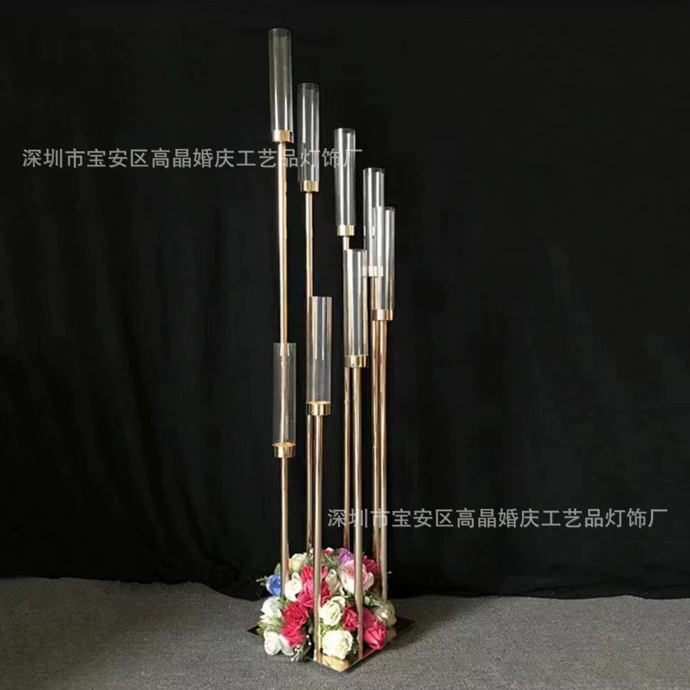Железная много-глав candlestick гальваника металл секция высокий подсвечник свадебное украшение главный стол компоновка фестиваль вечеринка дорожка ведущий