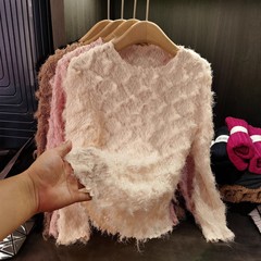 小众设计高端褶皱毛须纯色波浪圆领T恤秋季新款显瘦百搭长袖上衣