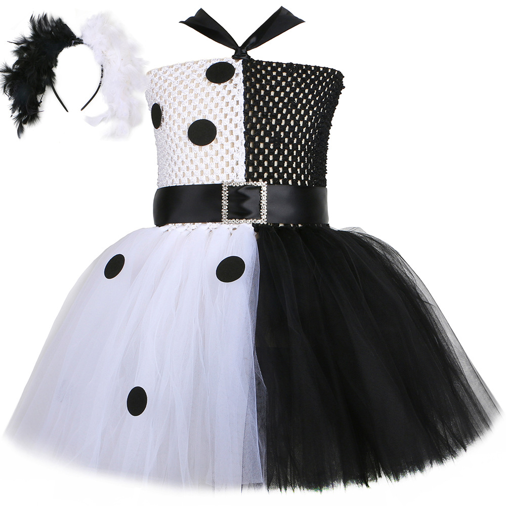 Kinderkleidung Schwarz-weißer Hexen-Netzrock Cruella de Vil Cosplay-Kostüm 101 treuer Hund Cruella Kinderprinzessinnenrock_voghion.com