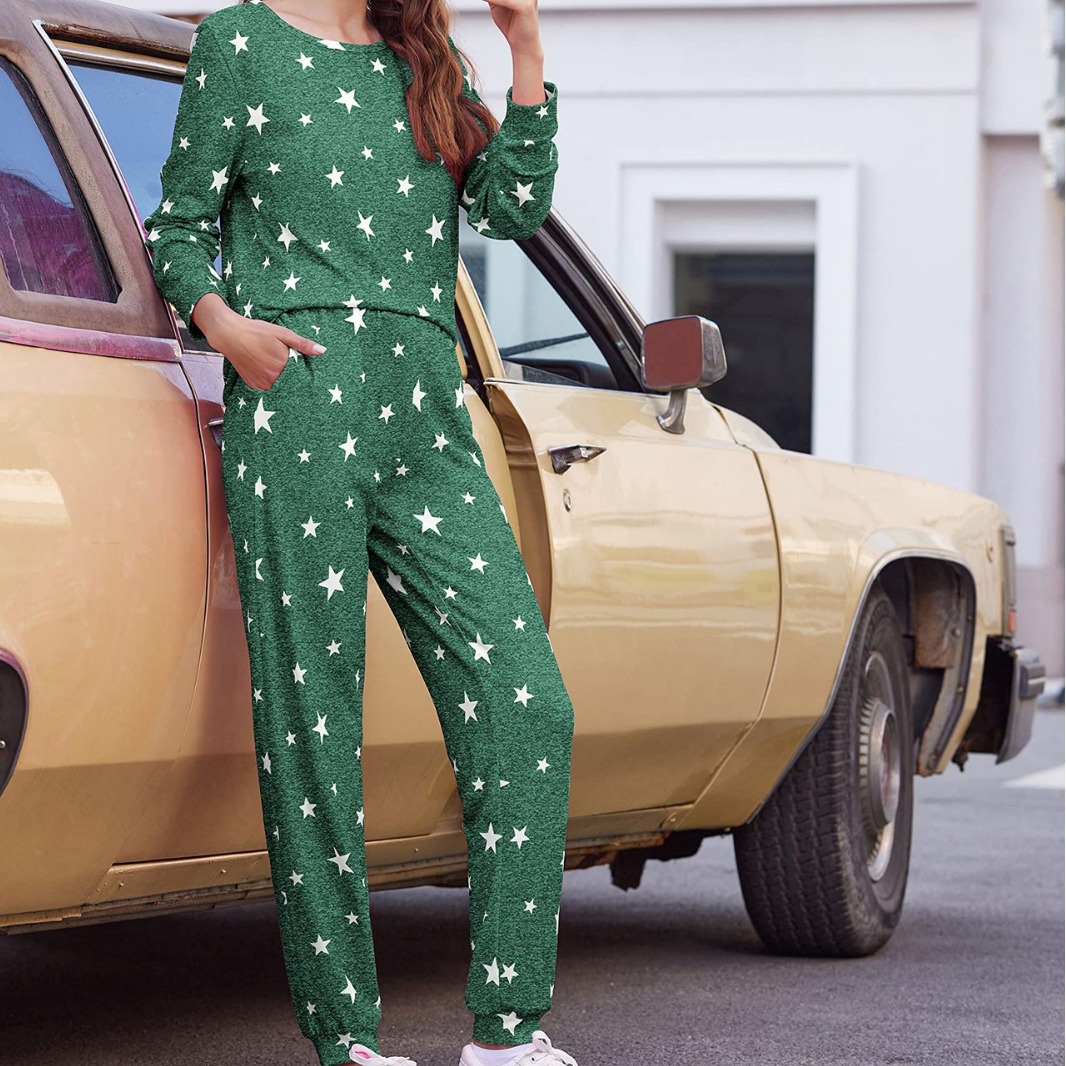 2025 pijamas con estampado de estrellas de manga larga de las nuevas mujeres europeas y americanas pijamas suaves con cuello redondo traje casual con bolsillo