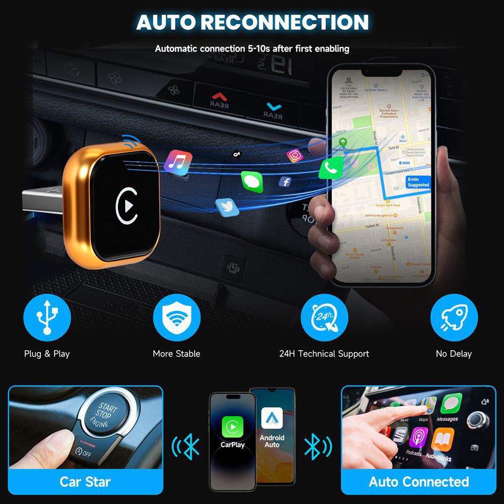 New electroplated silver wireless CarPlay box Android two-in-one adapter supports plug-and-play with no lag or delay