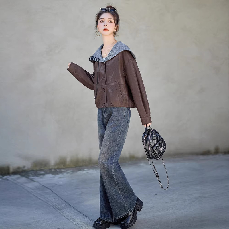 French-Style Sweet and Cool Leather Jacket for Women, Short Sheepskin Leather Coat, 2026 Spring New Model, Knitted Patchwork Turn-Down Collar Jacket French-Style Sweet and Cool Leather Jacket for Women, Short Sheepskin Leather Coat, 2026 Spring New Model, Knitted Patchwork Turn-Down Collar Jacket