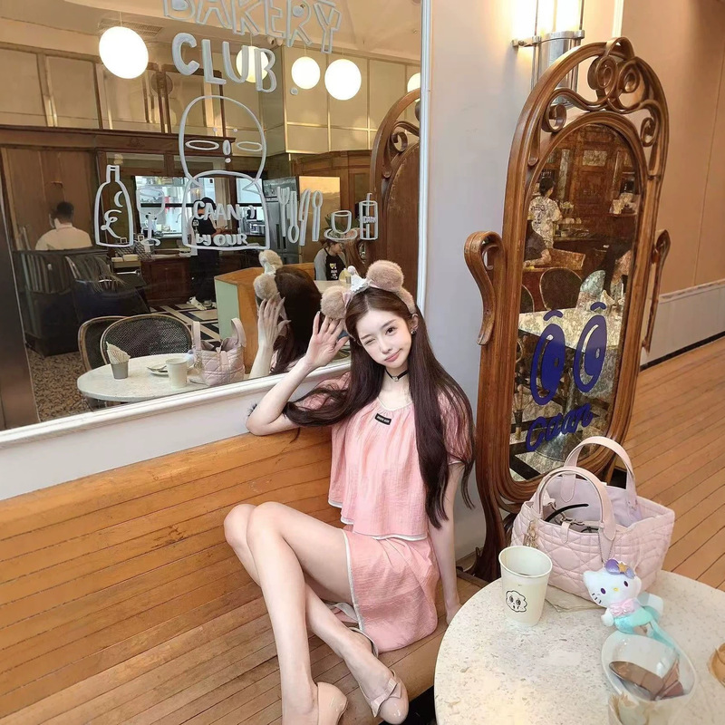 Nanyou Women's Clothing m Brand 26 Summer New Sweet Girl Age-Reducing Peach Pink Puff Sleeve Top and Skirt Set for Women Nanyou Women's Clothing m Brand 26 Summer New Sweet Girl Age-Reducing Peach Pink Puff Sleeve Top and Skirt Set for Women