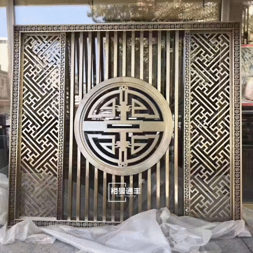 Hotel entrance entrance metal partition background wall carved hollow pattern new Chinese style rose gold stainless steel screen