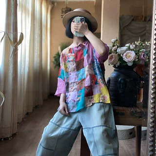 夏新款落古泥舒适复古怀旧拼布花色手工盘扣宽松小衫2067花拼