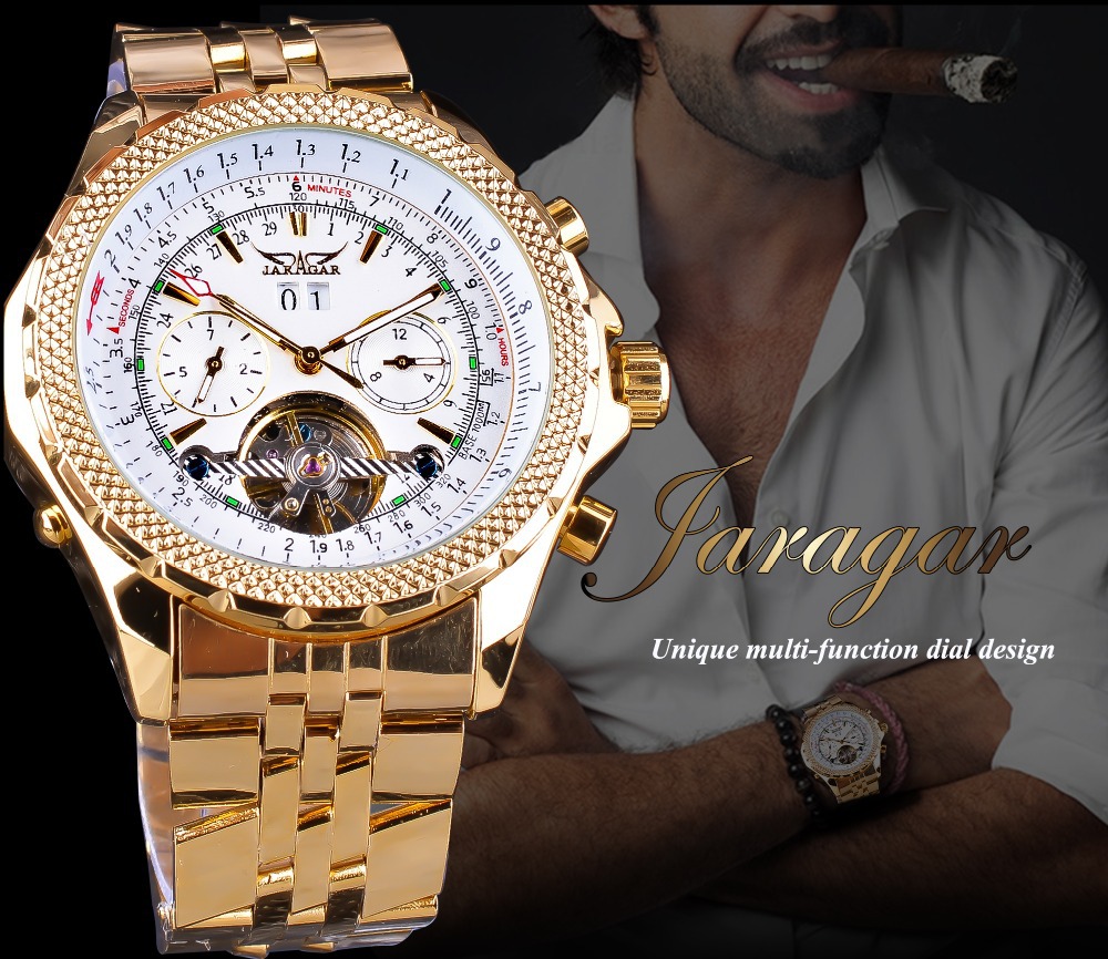 Jaragar Calendário Semana 24 Horas Exibição Relógio Turbilhão Masculino Ouro Banda de Aço Inoxidável Relógio Mecânico_voghion.com