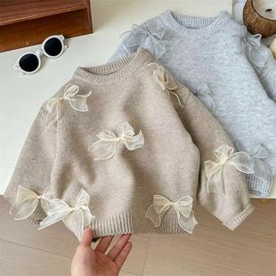 South Korea children's clothing girls' sweater 2024 autumn new foreign-style girls Korean fashion children's bow knit sweater