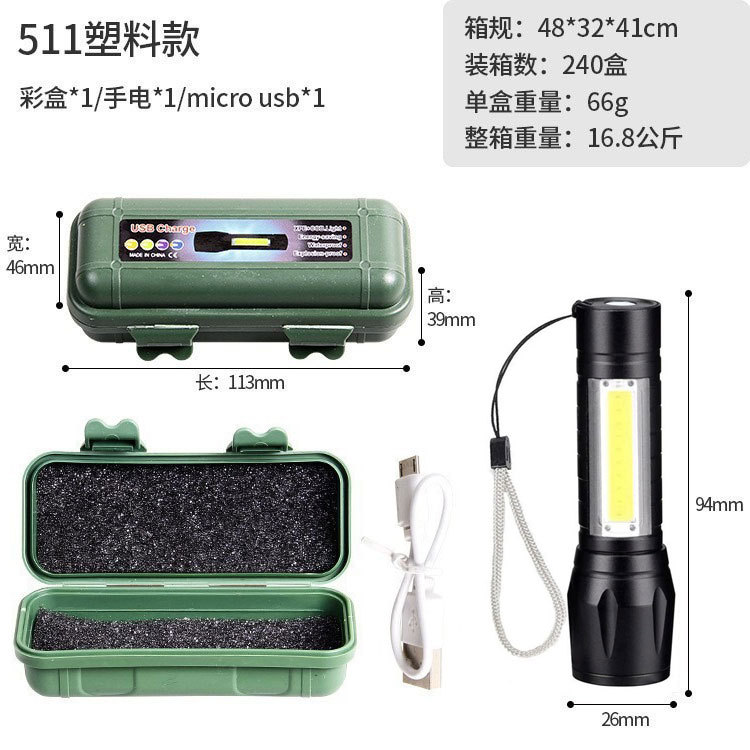 Luz fuerte transfronteriza mini linterna, cob luz lateral, zoom portátil, led