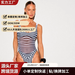 欧美跨境爆款黑白条纹网纱拼接连体泳衣深U 领高叉性感度假比基尼