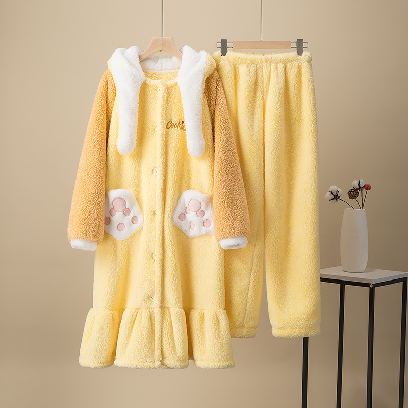 Cute Cartoon Hooded Chef Dog Pajamas Set with Moving Ears, Butter Cake Blanket, Thickened Coral Fleece Pajamas