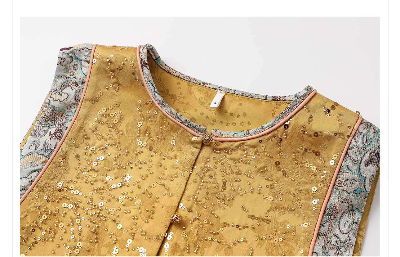 Áo vest gile nữ phong cách retro Tân Trung Hoa, cổ đứng, thêu đính hạt cườm tinh xảo — Vàng chanh chi tiết 22