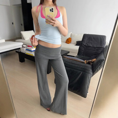 现货中低腰显瘦微喇裤女纯欲辣妹双层翻腰头针织修身松弛直筒裙裤