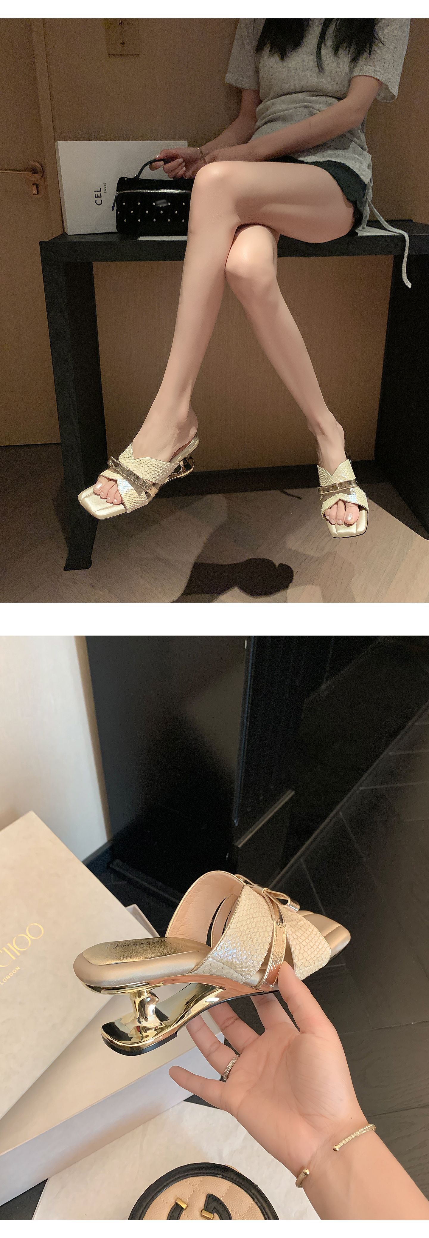 Sandal cao gót nữ mũi vuông hở ngón, quai ngang nơ bướm, đế xuồng êm chân — màu vàng, bạc chi tiết 10