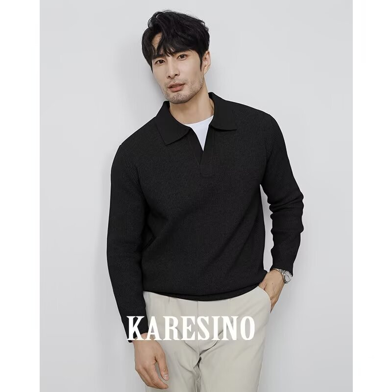 Solid Color Shirt Collar Men's Long-Sleeved Outer Wear Autumn Top Trendy Fake Two-Piece Knitted Sweater Men's Korean Style Slim Fit