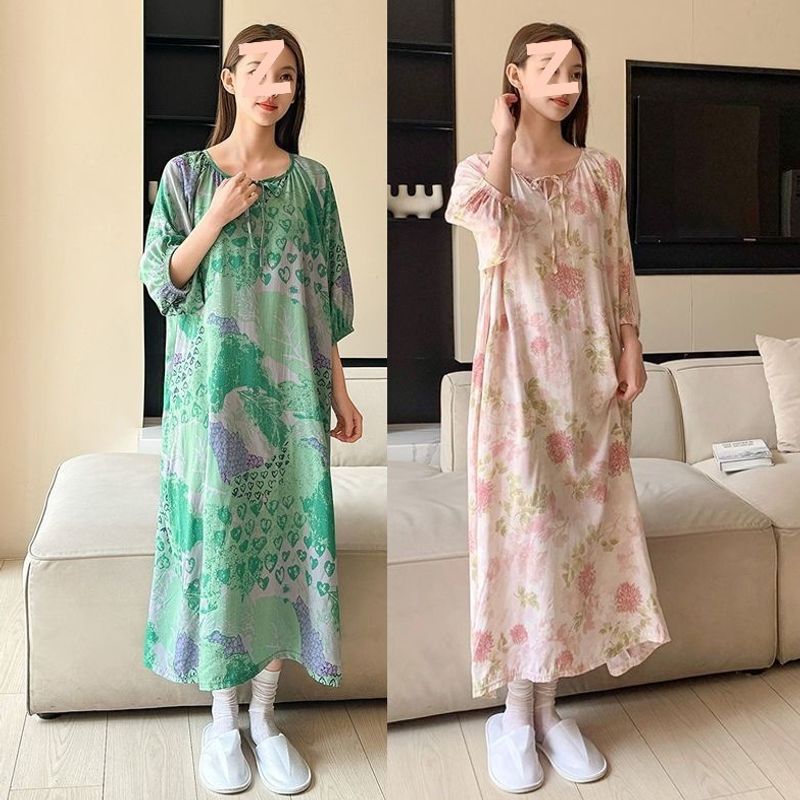 Cotton silk dress with gentle floral pattern, long skirt, comfortable and loose-fitting home wear, nightgown for spring and summer, slimming and flattering lazy dress Cotton silk dress with gentle floral pattern, long skirt, comfortable and loose-fitting home wear, nightgown for spring and summer, slimming and flattering lazy dress