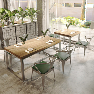 Industrial Style Restaurant Wrought Iron Solid Wood Dining Table and Chairs Catering Fast Food Snack Bar Commercial Hotel Rectangular Retro Table