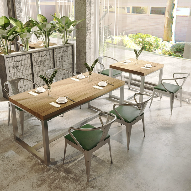 Ресторан в индустриальном стиле, кованое железо, обеденный стол и стулья из цельного дерева, общественное питание, фаст-фуд, закусочная, коммерческий отель, прямоугольный ретро-стол