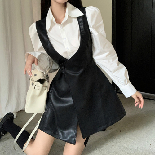 High-End Leather Skirt Bodysuit Dress + Solid Color Shirt Women 2025 Spring and Autumn Season Korean Style Fashion Set