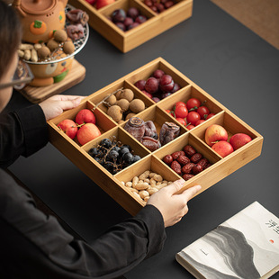 Bamboo Wood Jiugongge plate hot pot barbecue side dish tray stove tea and fruit plate home creative dessert snack plate