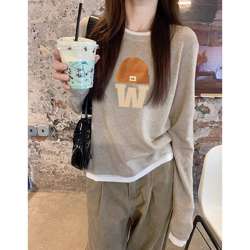 Spring and Autumn Korean Style Relaxed Fit 2026 New Round Neck Base Shirt Lazy Two-Piece Long-Sleeve Pure Cotton T-Shirt Women's Top