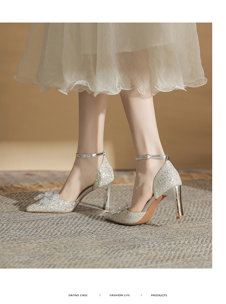 Giày sandal cao gót nữ quai ngang mũi nhọn gót nhọn CH8006-5 — Màu Sâm panh chi tiết 10