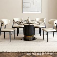 现代简约皇家白玉天然石木质桌脚圆桌意式轻奢家用餐厅带转盘餐桌