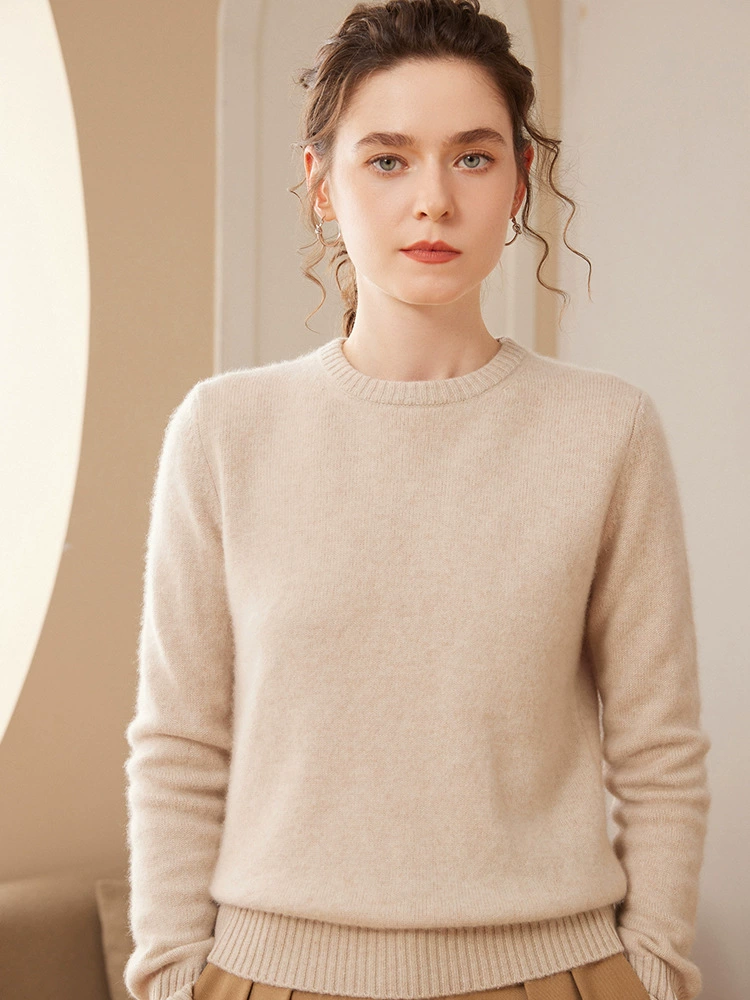 Демисезонный вязаный кашемировый свитер, приталенный, круглый вырез, повышенная плотность