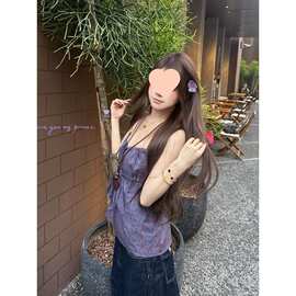韩系复古风腰果花纹吊带背心女夏蝴蝶结绑带显瘦遮副乳露背上衣
