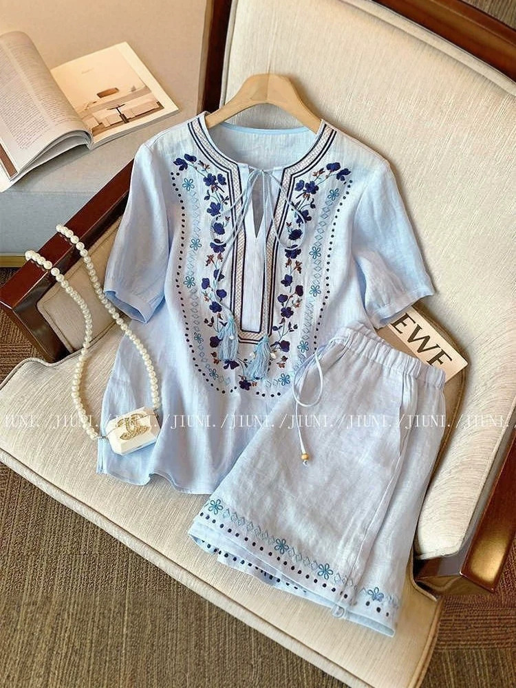 Bộ áo sơ mi xanh họa tiết hoa nhí kết hợp quần short rộng — Bộ màu xanh nhạt