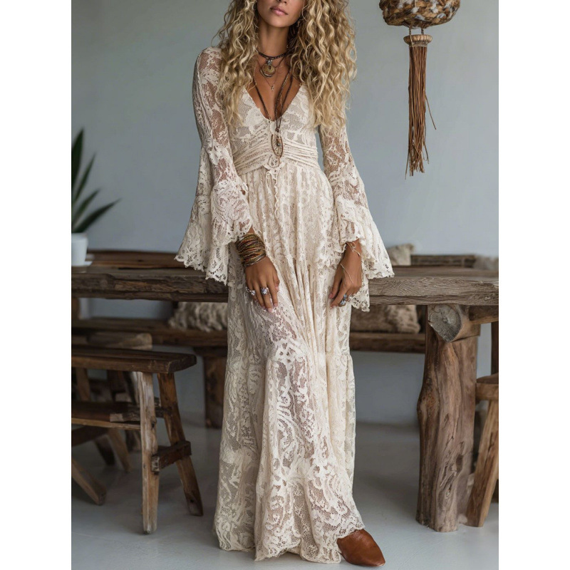 2026 European and American Style Cross-Border New Women's Fashion V-Neck Lace Long-Sleeved Dress Vacation Beach Sun Protection Long Dress 2026 European and American Style Cross-Border New Women's Fashion V-Neck Lace Long-Sleeved Dress Vacation Beach Sun Protection Long Dress