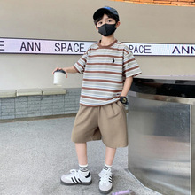 定制纯棉上衣套装男童夏装2026新款儿童中大童条纹短袖两件套薄款