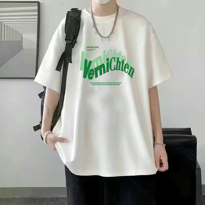 Verano nuevo estilo de seda de hielo tendencia camiseta suelta estilo de Hong Kong impresión cuello redondo camiseta de manga corta tendencia femenina todo fósforo camiseta fría