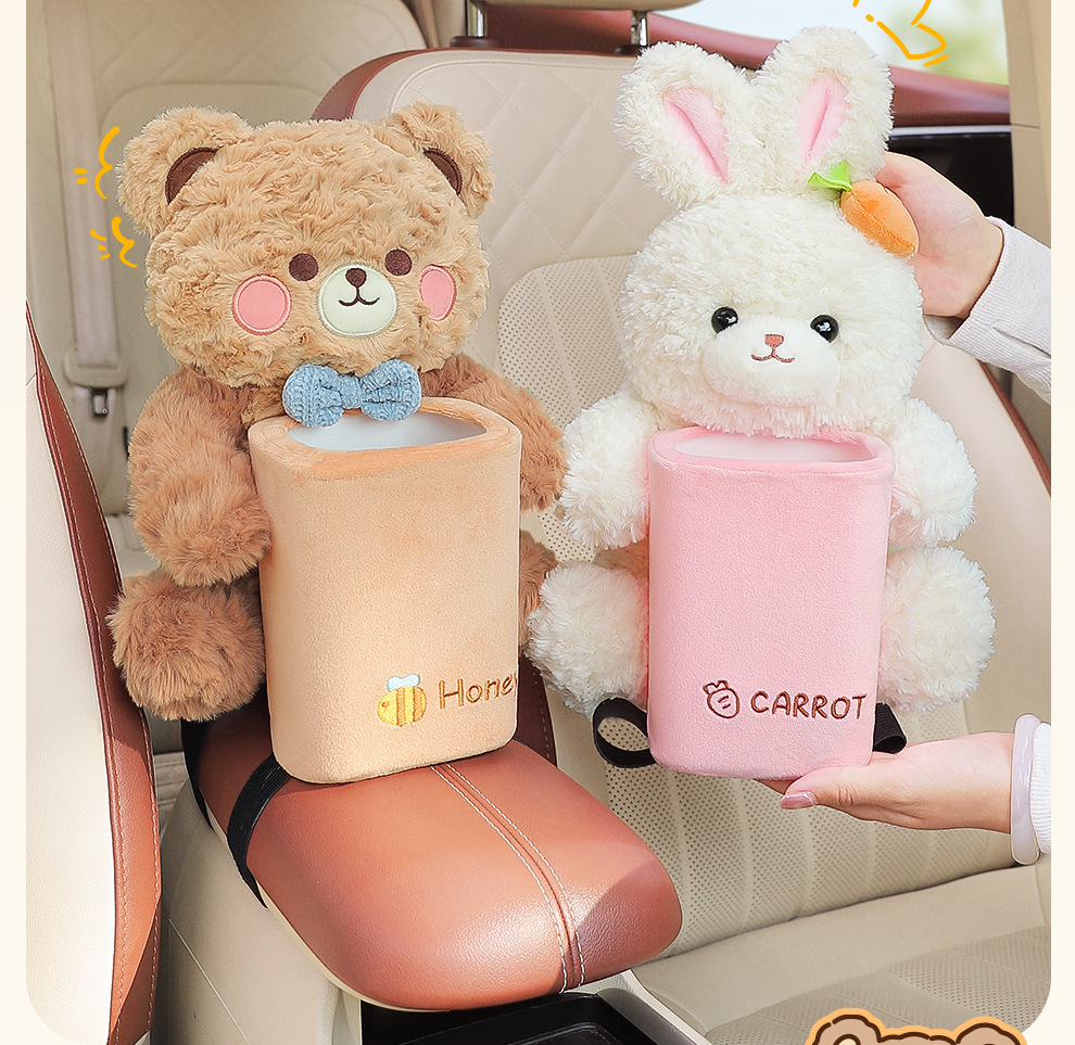Car Tissue Box and Trash Can Two-In-One, Cute Bow-Tie Bear Car Storage Bin, Multifunctional Armrest Box Tissue Holder