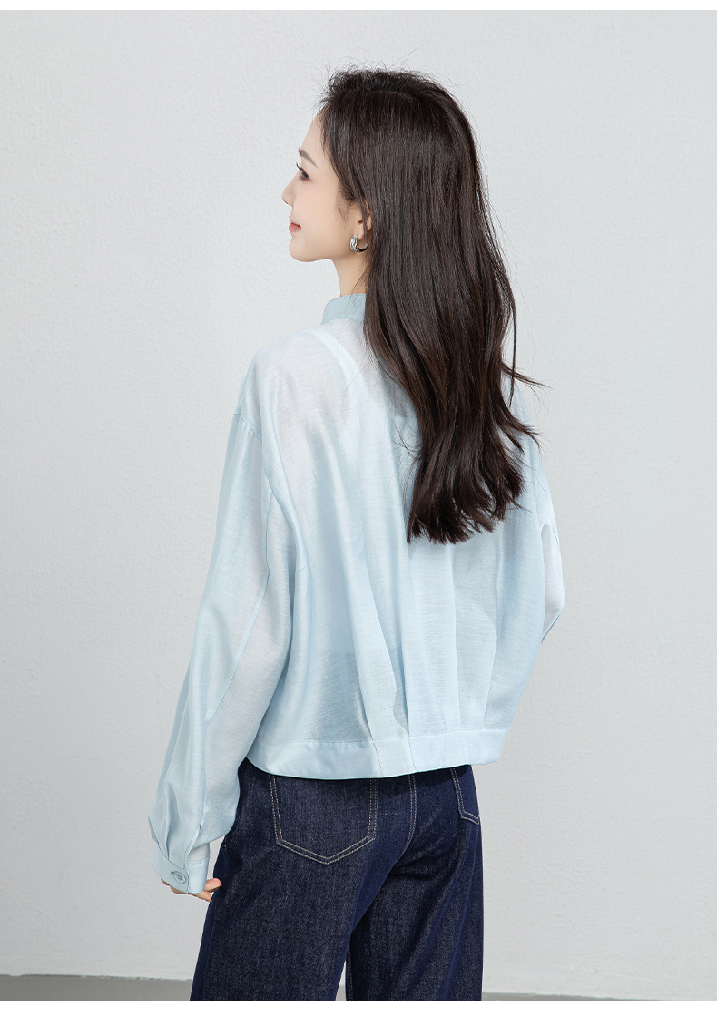 Áo khoác sơ mi ngắn tay nữ chất liệu linen pha acetate mùa hè dáng rộng — Xanh da trờicolor chi tiết 23