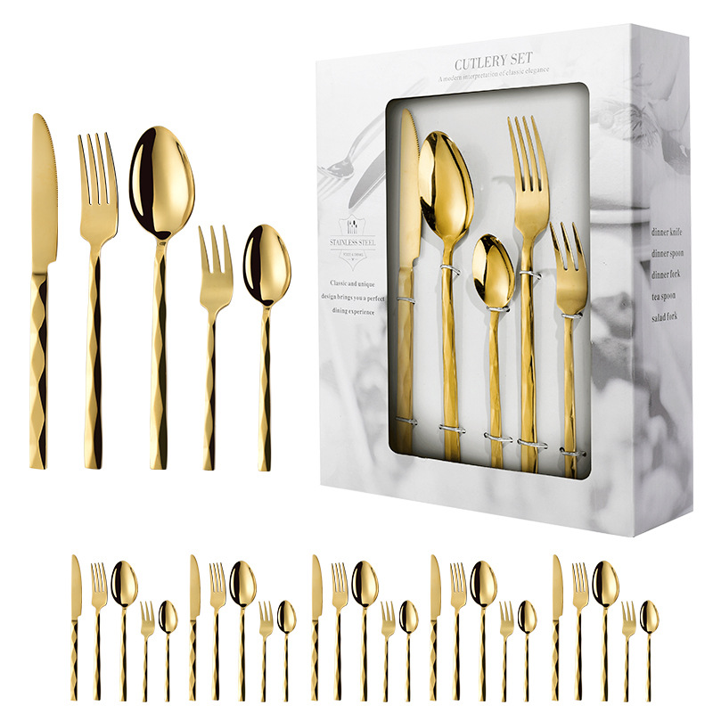 cubiertos de acero inoxidable agua ondulada diamante mango cuadrado cuchillo de filete tenedor cucharas 24 hotel comida occidental 30 juegos de caja de regalo image 7