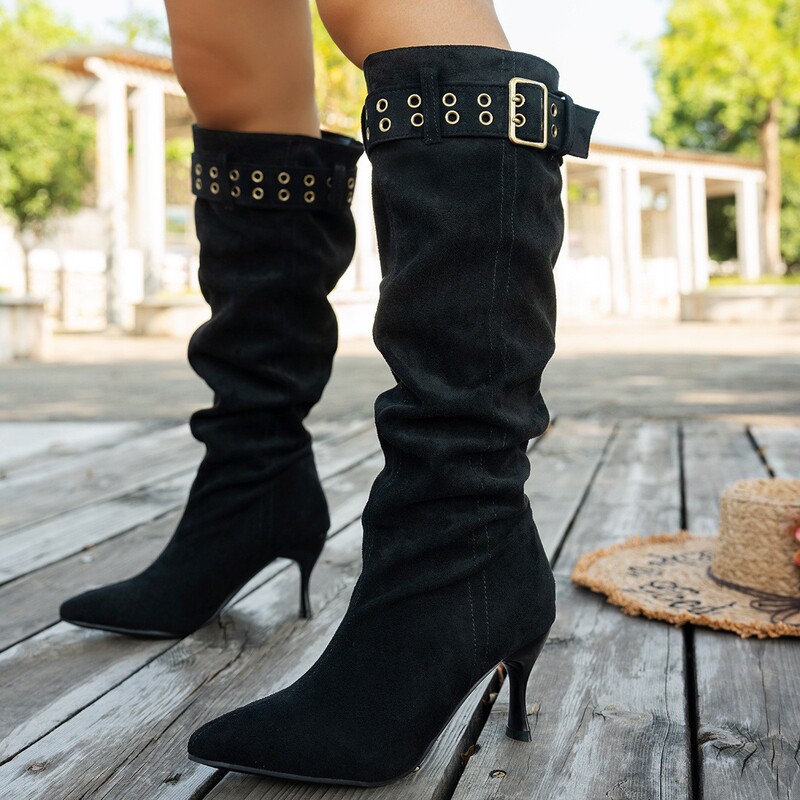 Stiletto Pleated Suede European and American Knee-High Boots 25 New Large Size Versatile Women's Boots Export Women's Boots Cross-Border Wholesale