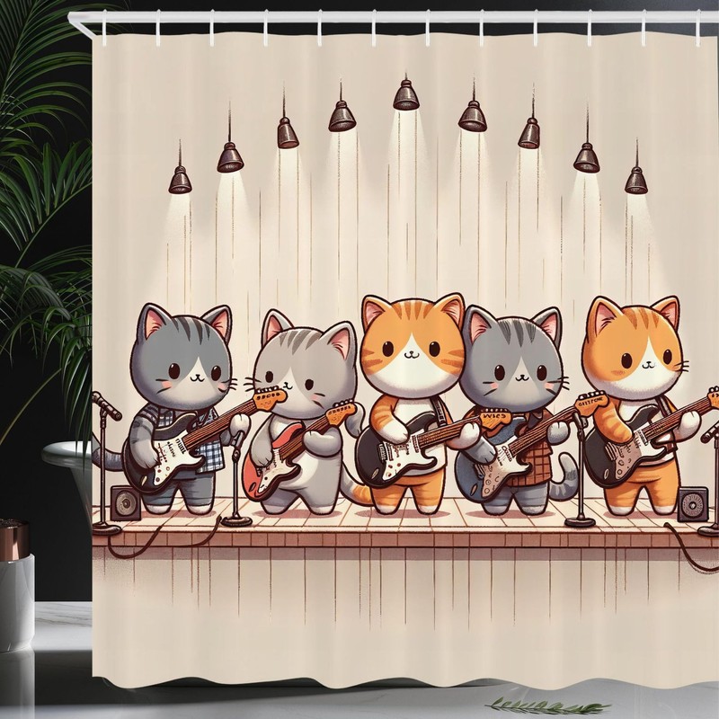 猫シャワーカーテン レトロ ハギー ブラウン 子猫柄 ユーモア ジョーク テーマ バスルーム シャワーカーテン セット フック付き|undefined