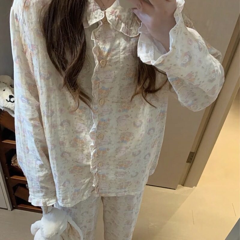 Cheese Puppy - 2026 Spring New Style All-Cotton Double-Layer Gauze Ruffled Long-Sleeve Long-Pants Pajama Set for Women Cheese Puppy - 2026 Spring New Style All-Cotton Double-Layer Gauze Ruffled Long-Sleeve Long-Pants Pajama Set for Women