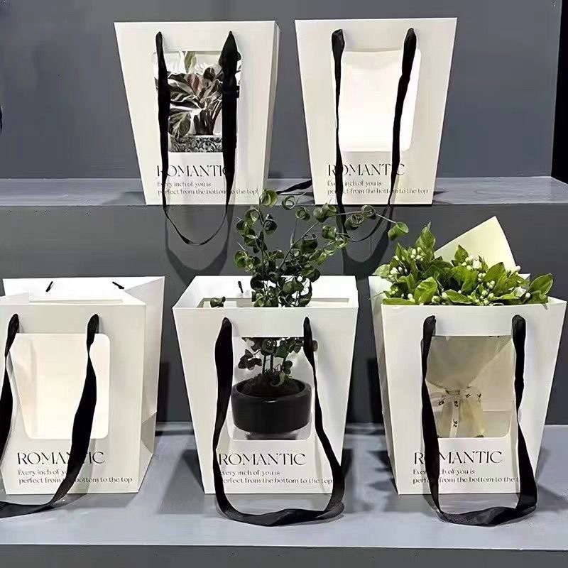 梯形开窗手提袋新款七夕情人节花束包装礼品袋梯形手提袋透明加高