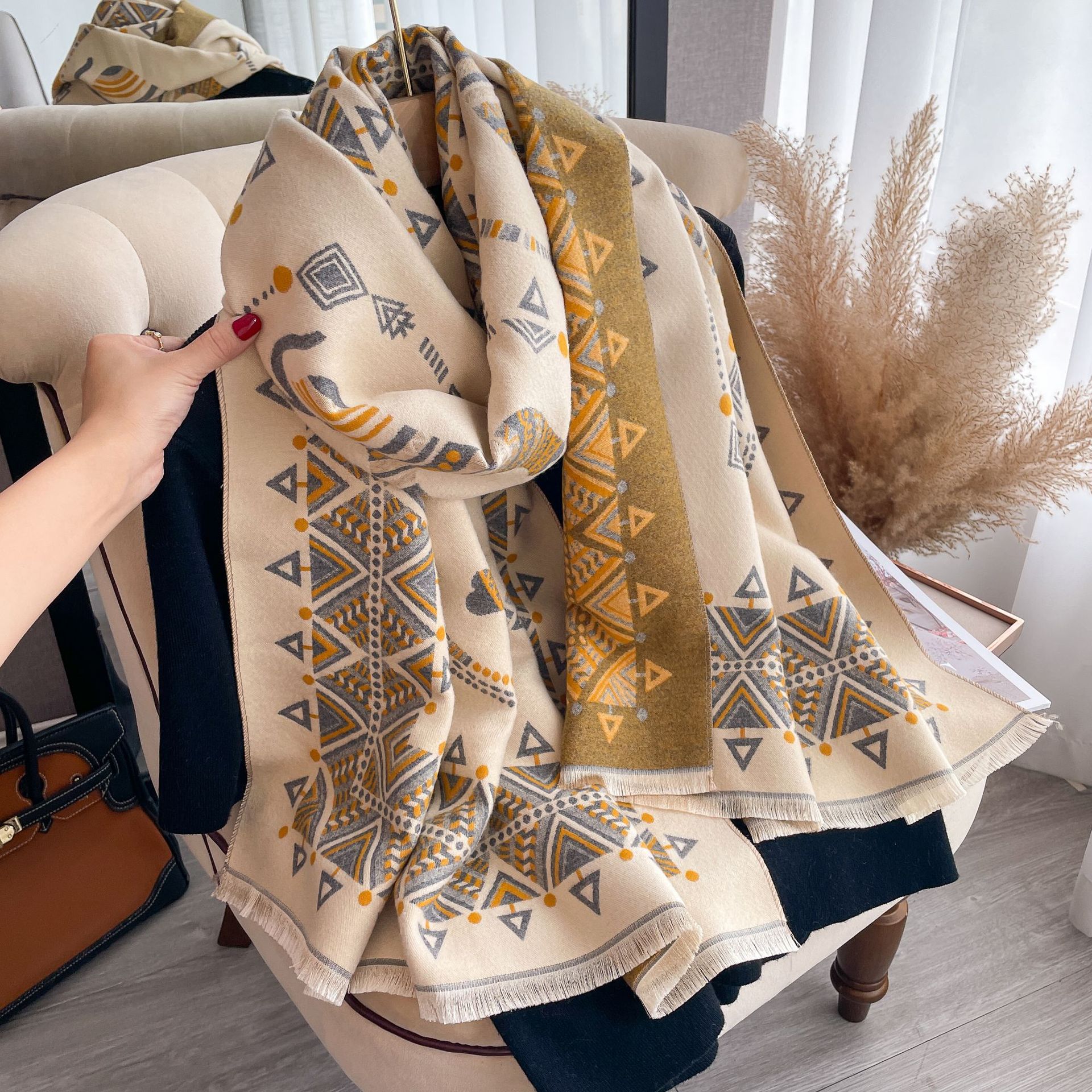 2023 nuevo nórdico retro chal Otoño e Invierno de doble cara Cachemira elefante patrón decorativo largo bufanda caliente para las mujeres