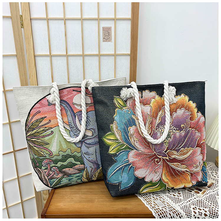 300g Weight Polyester Lining Material Zipper Closure Type Single Shoulder Strap Strap Type Tote Bag Bags Type Holiday, Travel Occasion Canvas Material Elephant Pattern All Seasons Season Women's Gender Ethnic Style, Classic Style Style Square Shape Medium Size Women's Medium Canvas Elephant Ethnic Style Classic Style Square Zipper Tote Bag 30