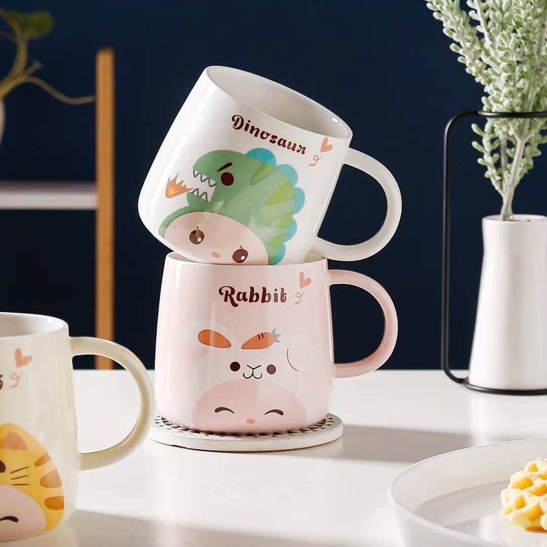 Creativo de dibujos animados animal expresión regalo personalizado taza con tapa cuchara taza de café cerámica Oficina taza de beber