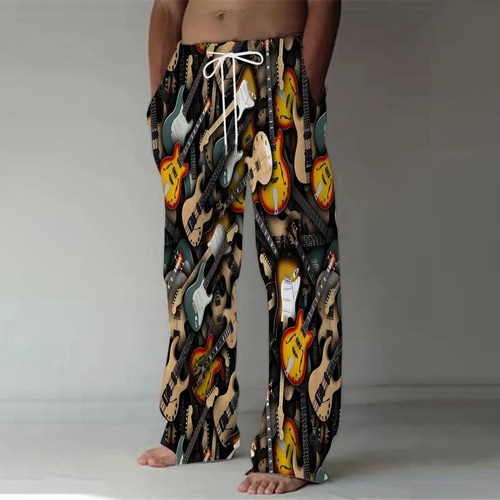Men's Casual Straight Leg Guitar Print Pants Loose Fit Vintage Style Music Home Pants Best Selling