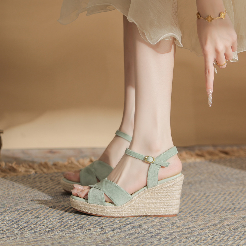Sandal cao gót nữ hở mũi đế xuồng gót cao 9 cm, quai ngang đan dây thừng — Xanh lá cây nhạtcolor