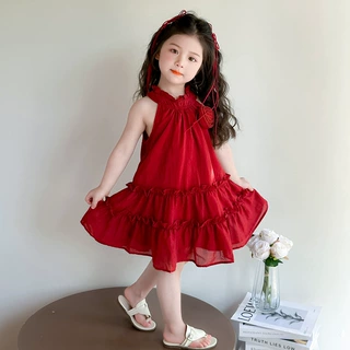 女童玫瑰花连衣裙夏装儿童周岁红色生日公主裙无袖夏季薄款背心裙